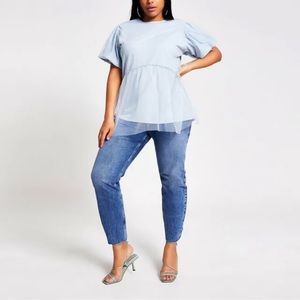 River Island Plus mesh overlay T-shirt in Blue Women Size US 18